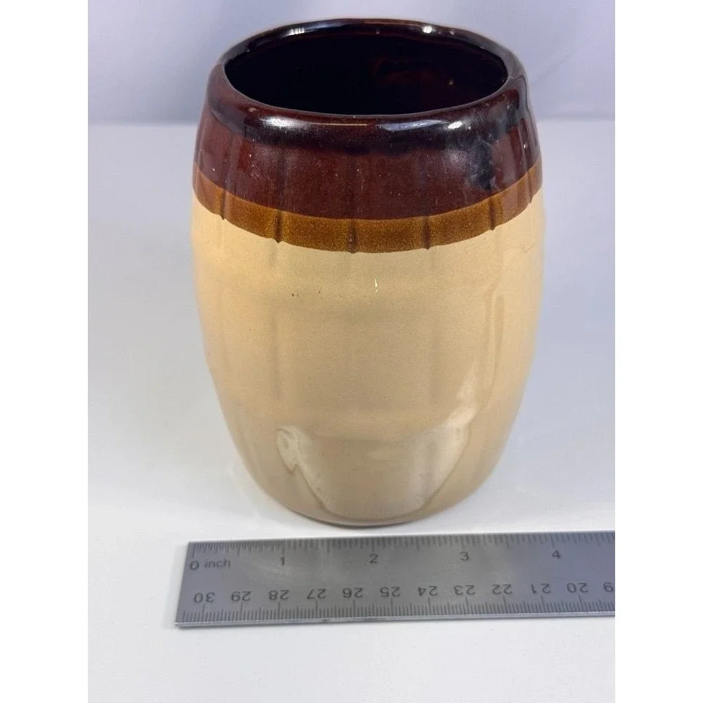 Vintage Brown Tan Stoneware Crock Utensil Holder‎ 5
